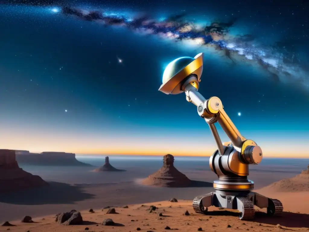 Brazo robótico espacial recolectando datos estelares Un brazo robótico futurista recoge datos de estrellas en el espacio