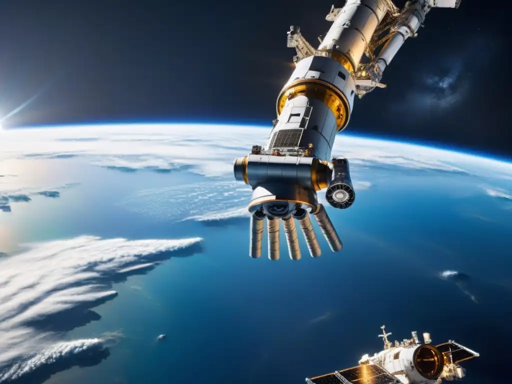 Robótica espacial: reparación precisa en el cosmos Un brazo robótico futurista repara un satélite en el espacio, destacando la integración de inteligencia artificial en misiones espaciales