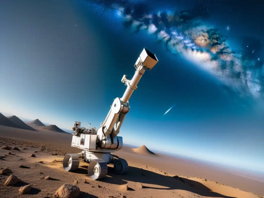 Robótica espacial: ensamblaje de telescopio cósmico Un brazo robótico ensambla un telescopio espacial, reflejando avance tecnológico