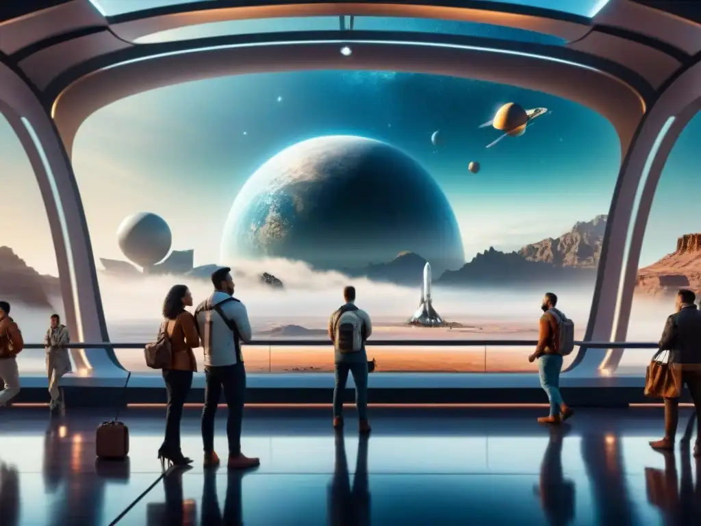 Un bullicioso puerto espacial futurista con turistas admirando naves avanzadas listas para viajes interestelares