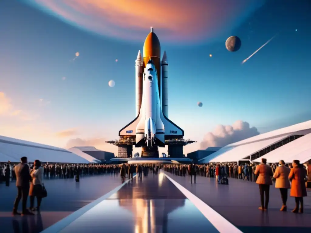 Un bullicioso puerto espacial futurista con naves avanzadas listas para el lanzamiento