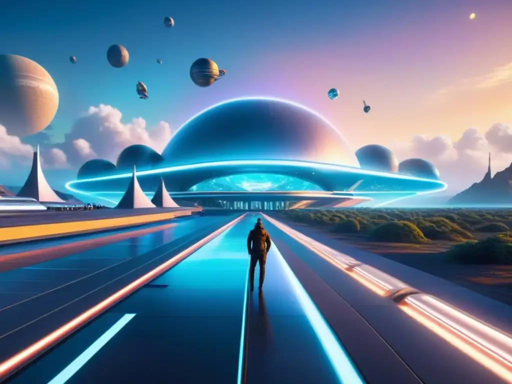 Un bullicioso puerto espacial retrofuturista con naves plateadas y seres alienígenas, fusionando nostalgia y futuro nunca vistos