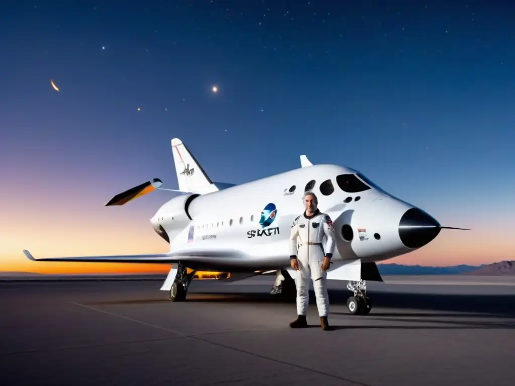 Burt Rutan posa con orgullo frente a SpaceShipOne, simbolizando el espíritu visionario y audaz del diseño naves espaciales innovación audacia