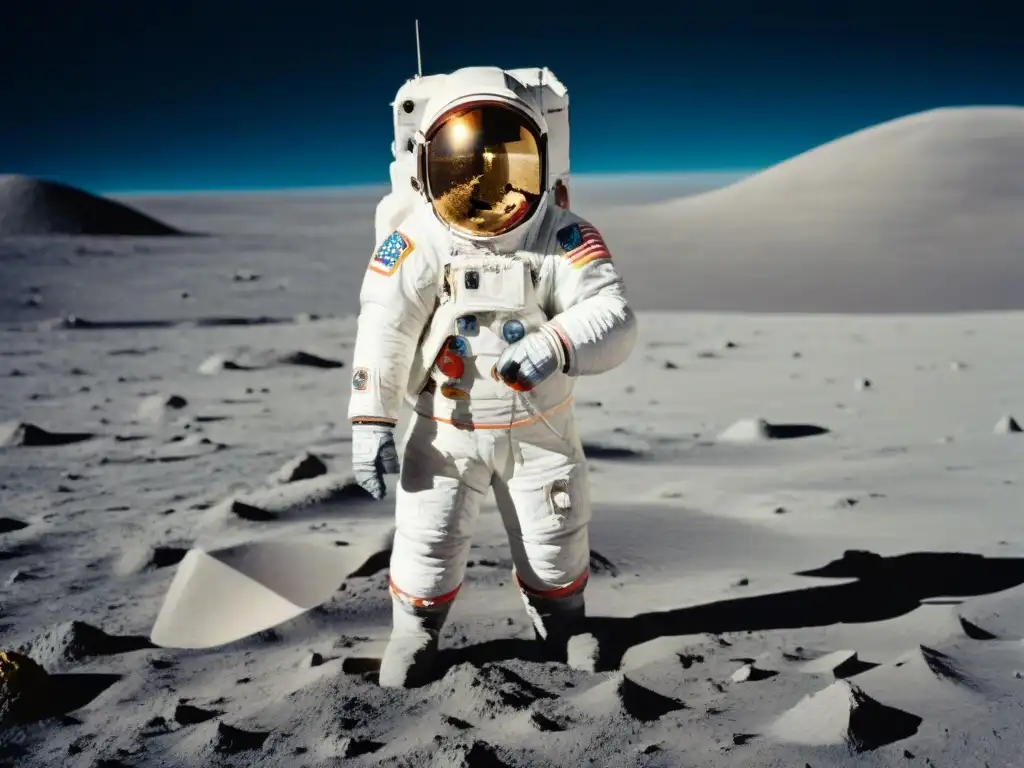 Buzz Aldrin, pionero espacial, en traje de astronauta en la Luna con la Tierra de fondo, reflejando su legado y espíritu pionero