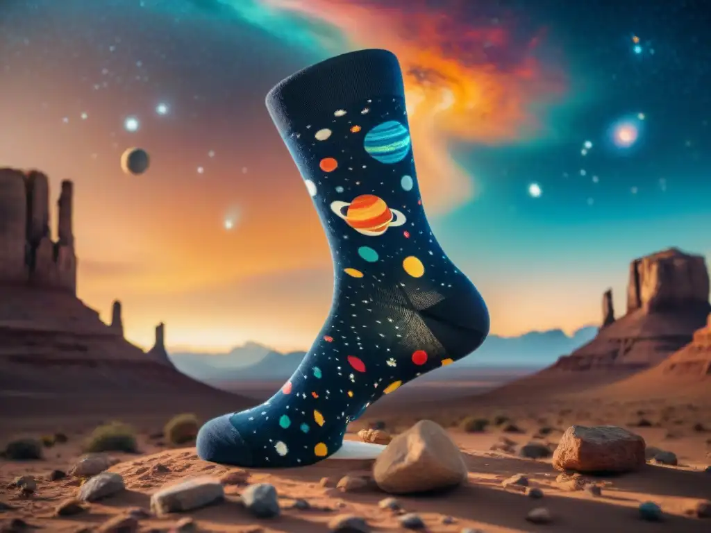 Calcetines cósmicos flotan en la galaxia, evocando exploración y maravilla