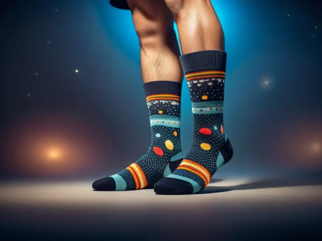 Calcetines cósmicos de exploración galaxia en vibrantes colores y diseños intrincados evocando galaxias, estrellas y planetas