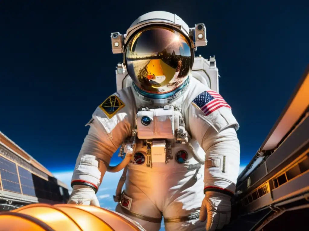 Jessica Meir en caminatas espaciales femeninas, flotando fuera de la Estación Espacial Internacional, trabajando en el espacio con la Tierra de fondo