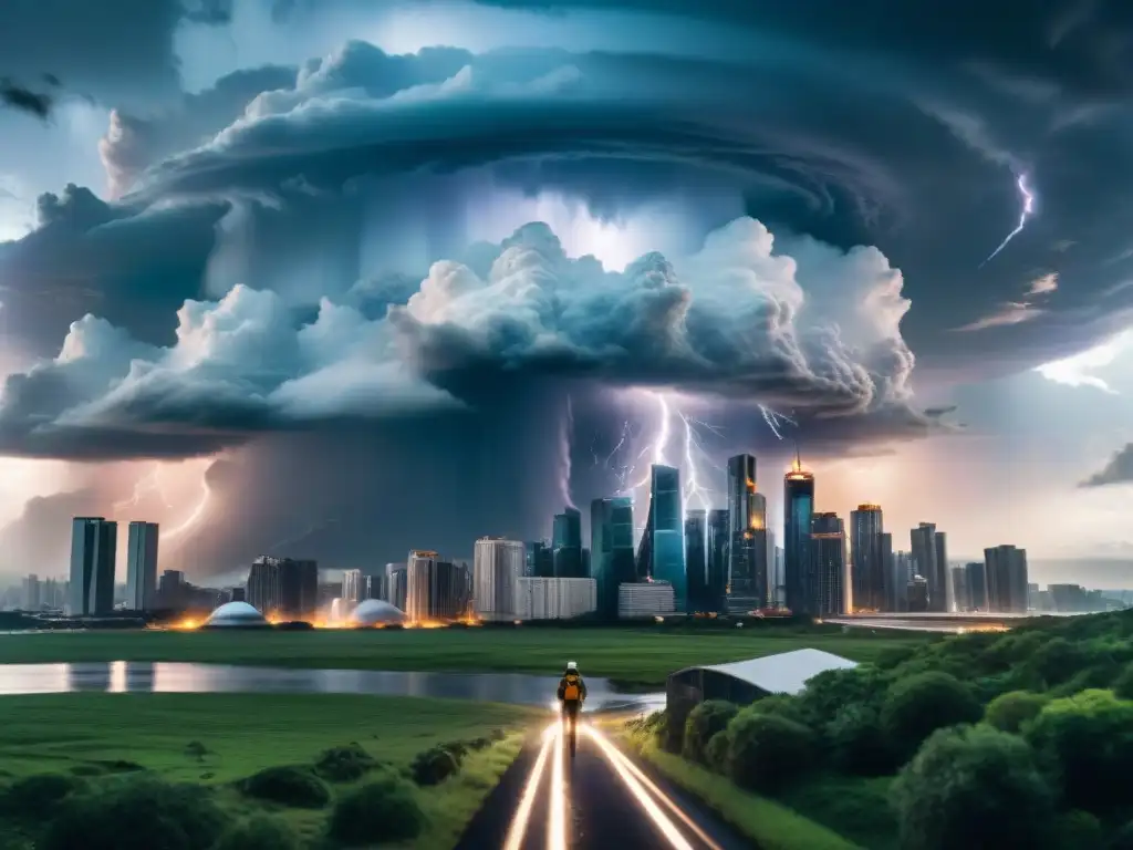 Un caótico escenario de tormenta envolviendo una ciudad futurista, reflejando el tema de 'Fin del Mundo ciencia ficción'