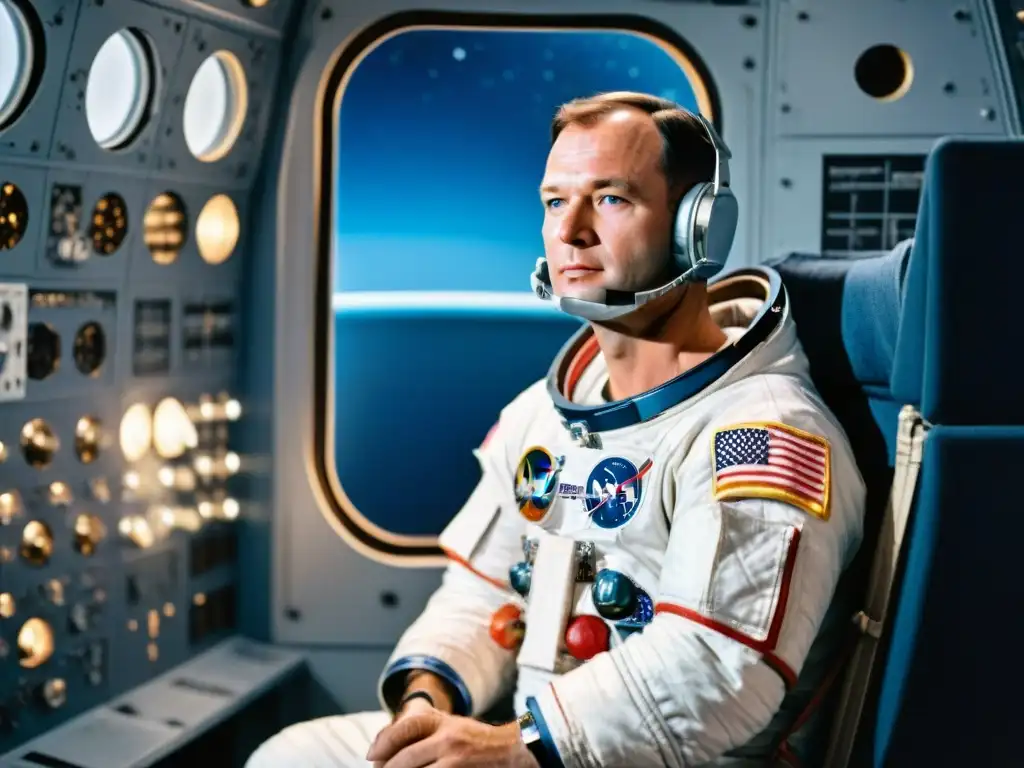 Michael Collins flota en la cápsula del Apolo 11, con mirada determinada hacia el espacio exterior