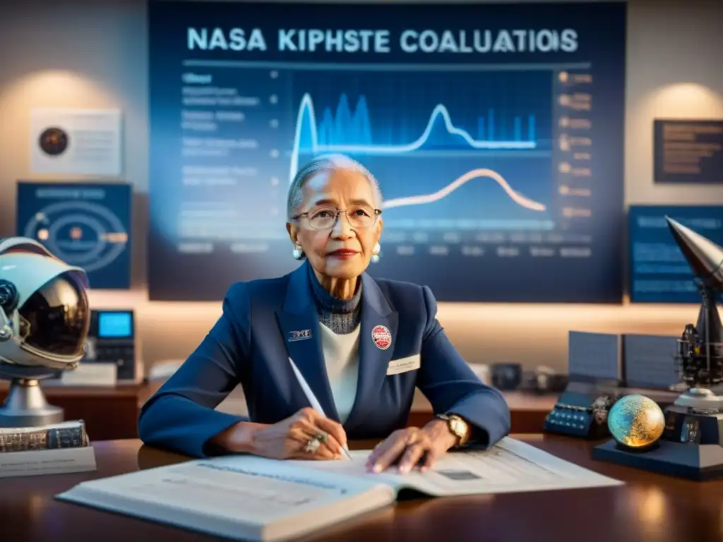 Katherine Johnson, matemática de la carrera espacial, concentrada en complejas ecuaciones rodeada de memorabilia espacial