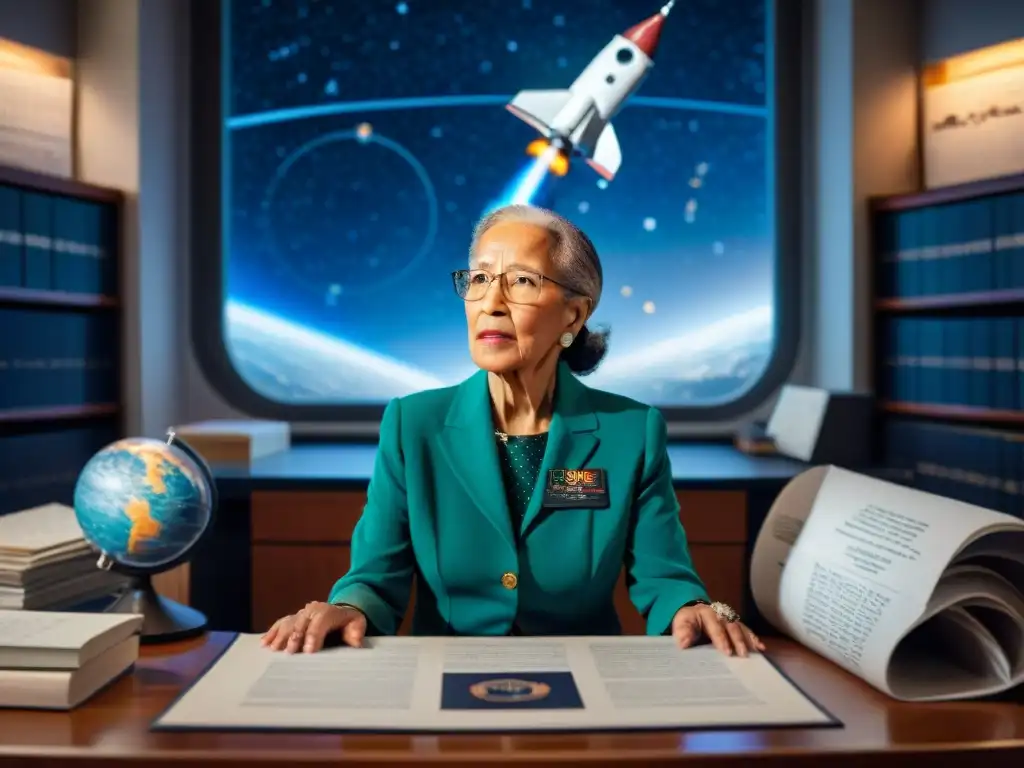 Katherine Johnson, matemática de la carrera espacial, concentrada en su trabajo rodeada de ecuaciones y libros, con un cohete despegando al fondo