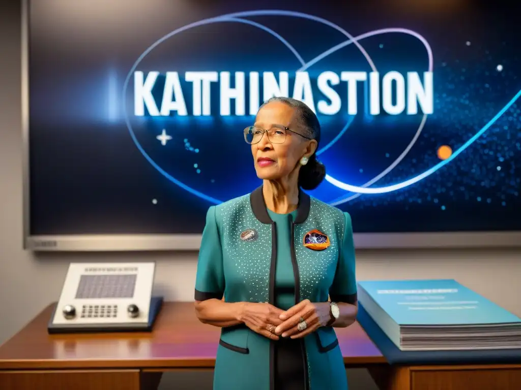 Katherine Johnson matemática carrera espacial: Imagen detallada de su papel clave en la NASA, rodeada de ecuaciones y computadoras vintage