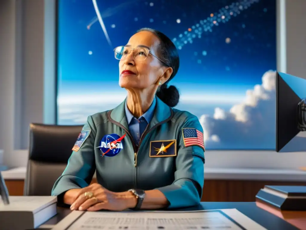 Katherine Johnson matemática carrera espacial: Imagen detallada de Katherine en NASA, rodeada de ecuaciones y gráficos de exploración espacial, concentrada en su brillante mente, con un cohete despegando al fondo