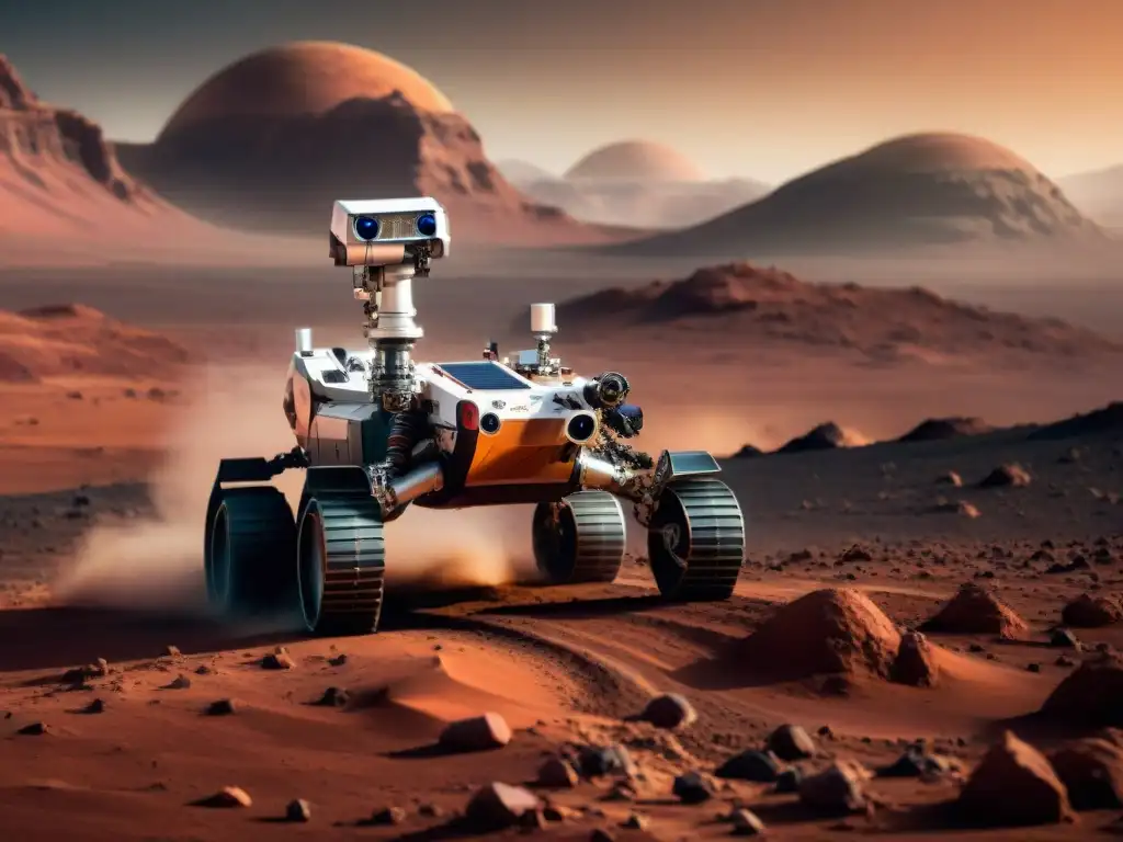 Robótica supremacía en carrera espacial: Rover explorando Marte con tecnología futurista en terreno marciano