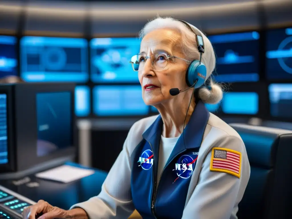 Katherine Johnson, matemática en la carrera espacial, calcula trayectorias en la sala de control de la NASA durante un lanzamiento espacial