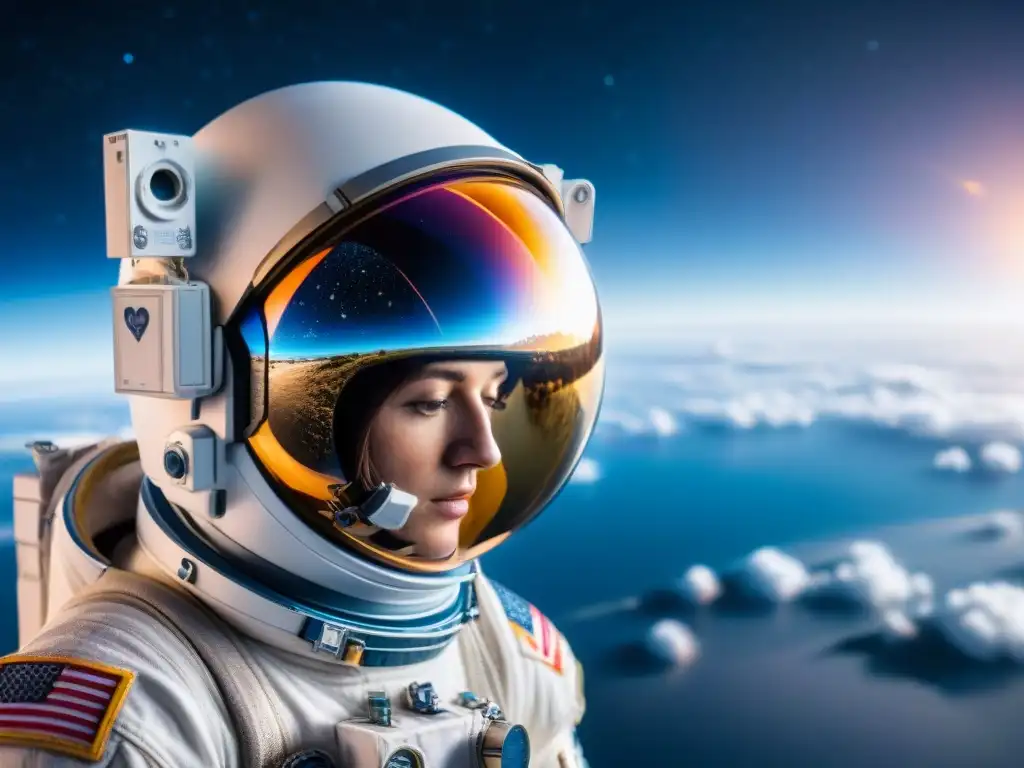 Un casco de astronauta detallado reflejando el espacio, con sensores médicos y datos vitales, ilustrando la aptitud médica para turismo espacial