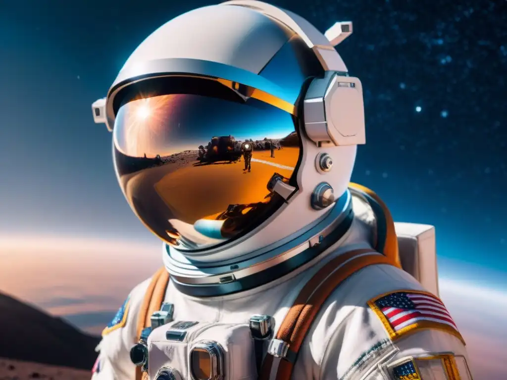 Un casco de astronauta detallado reflejando el espacio, con robots y una estación espacial futurista