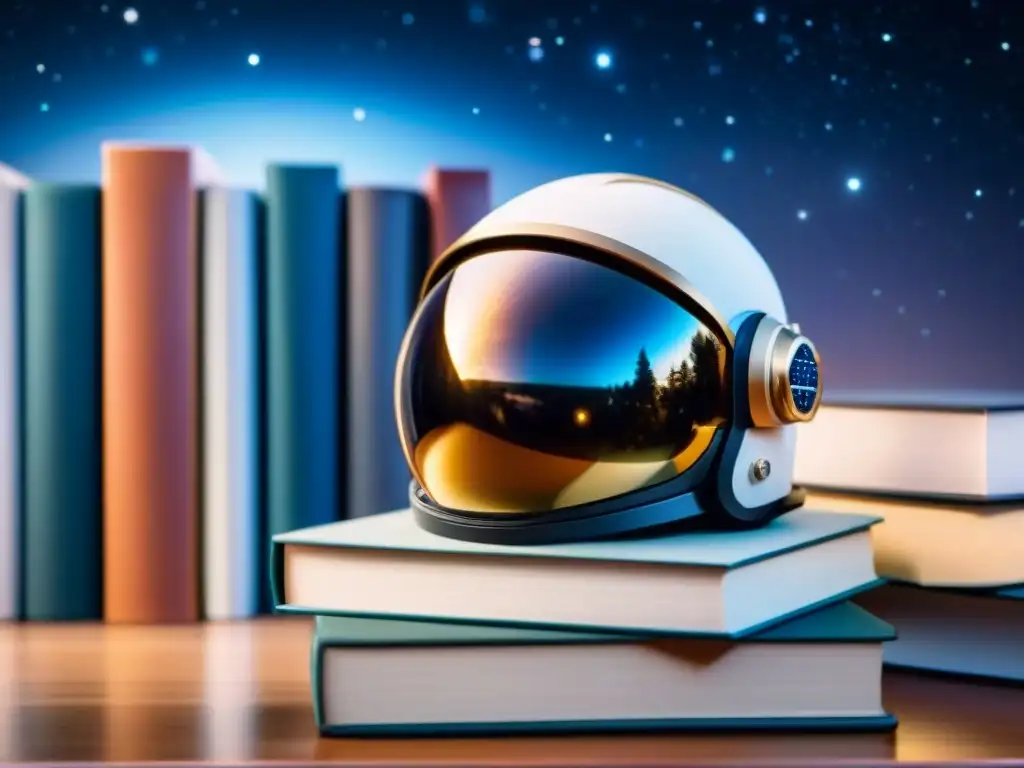 Un casco de astronauta sobre libros, con telescopio y cuaderno