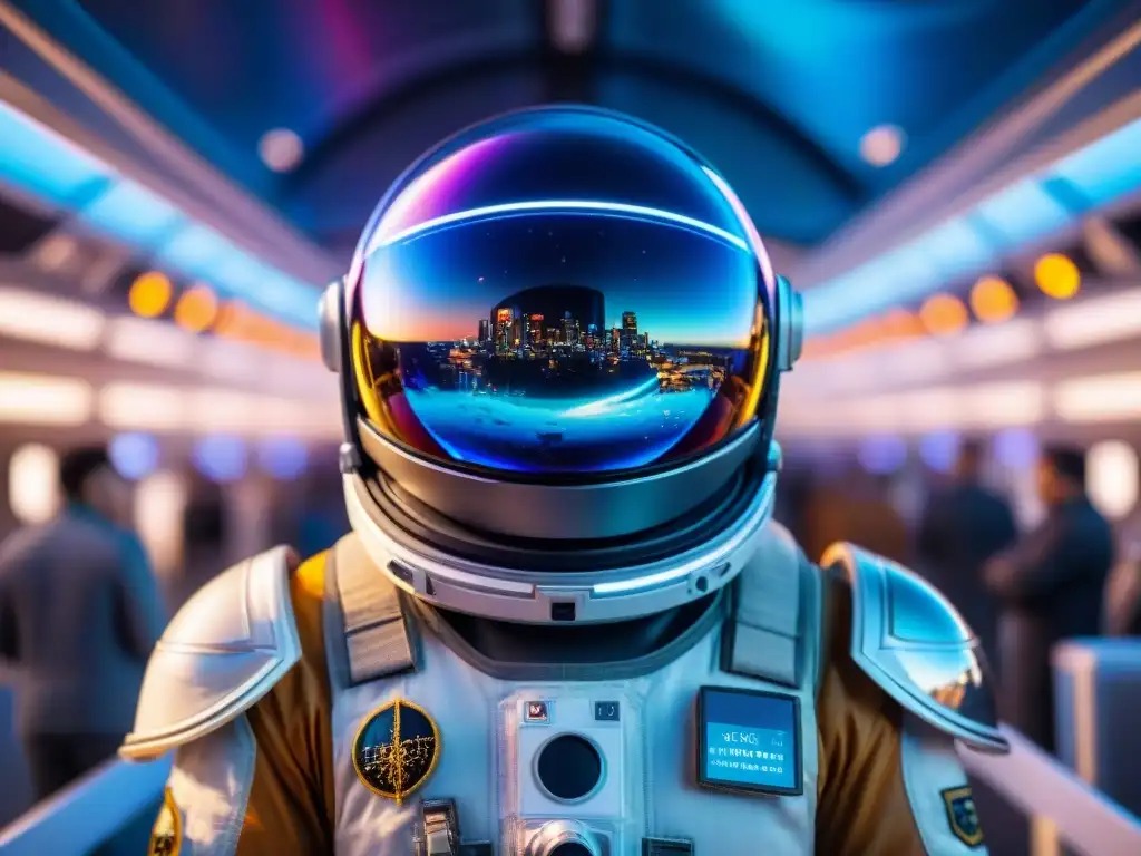 Un casco espacial futurista con holograma, rodeado de una estación y naves en una galaxia distante, ideal para fans de gadgets espaciales imprescindibles