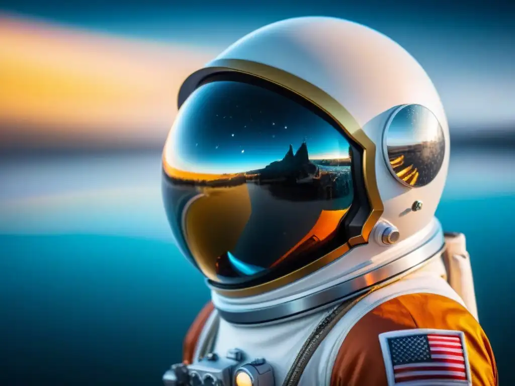 Un casco de traje espacial detallado refleja estrellas y planetas, con gotas de agua flotando