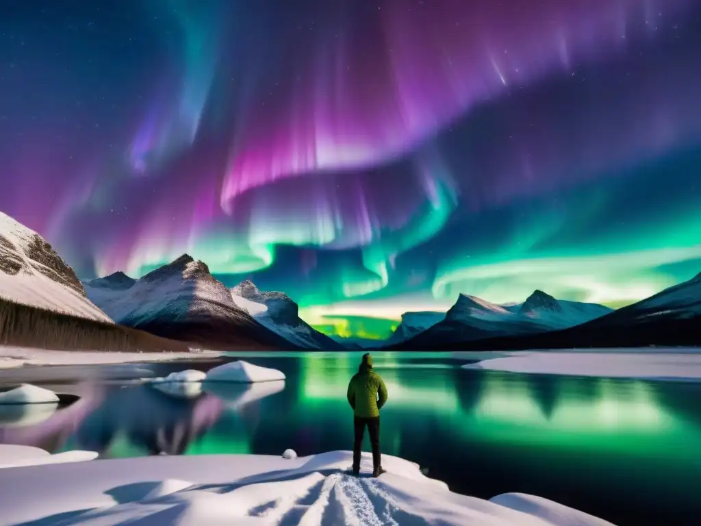 Un cautivador espectáculo de auroras boreales verdes y moradas reflejadas en un lago, iluminando el paisaje nevado