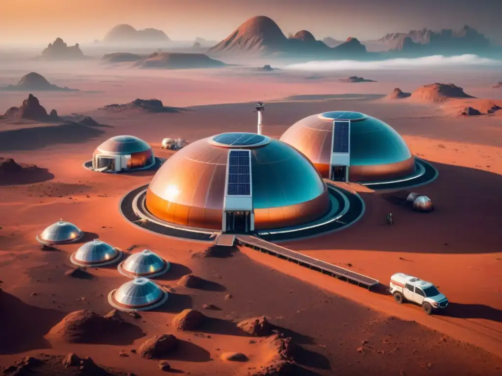 Una visión cautivadora de una colonia espacial futurista en Marte, fusionando innovación humana y la belleza alienígena