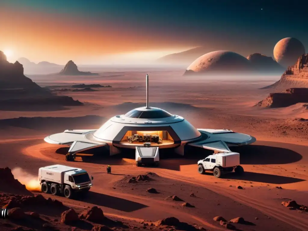 Un centro logístico espacial futurista en Marte con robots avanzados cargando naves