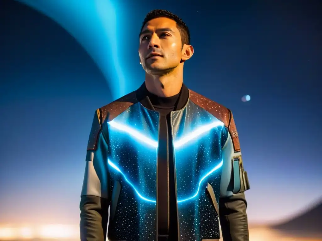 Chaqueta espacial futurista entre galaxias Una chaqueta espacial futurista con patrones cósmicos, ideal para exploradores urbanos cósmicos