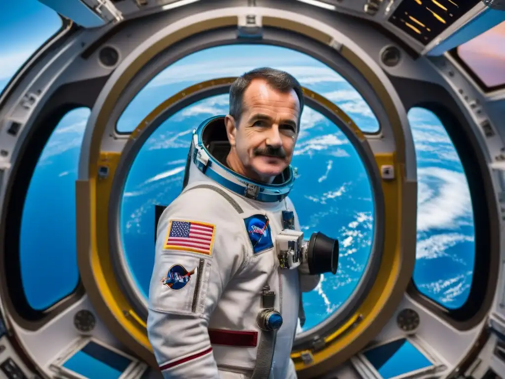 Chris Hadfield astronauta conquista Internet, flotando en la Estación Espacial Internacional, realizando experimento científico con la Tierra de fondo