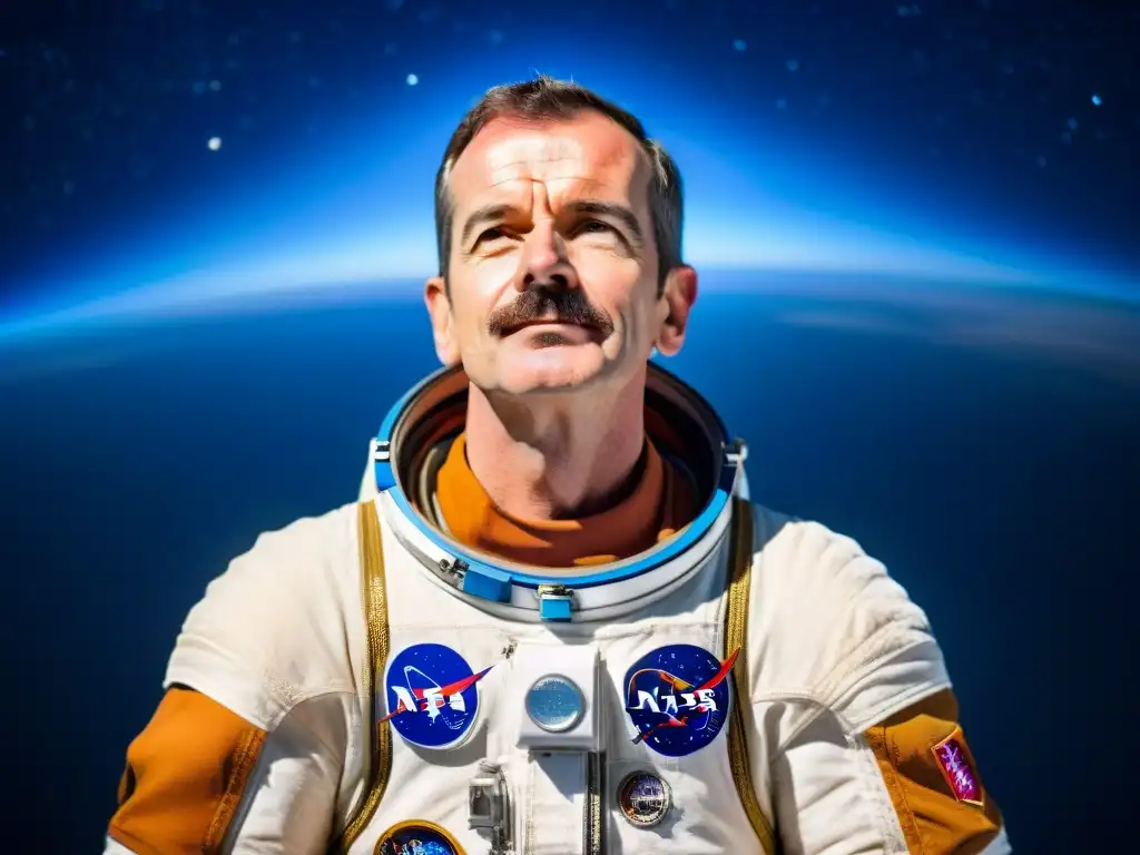 Chris Hadfield astronauta conquista Internet flotando en el espacio, rodeado de estrellas y planetas, con expresión de asombro y serenidad