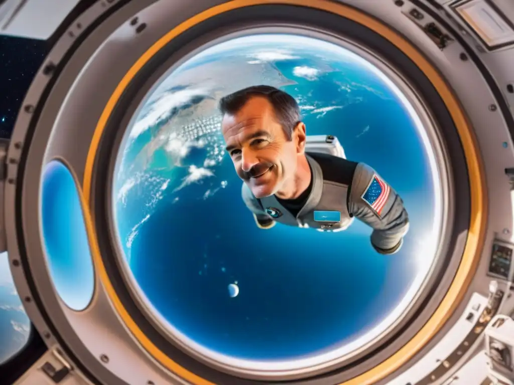 Chris Hadfield astronauta conquista Internet flotando en la Estación Espacial rodeado de objetos en ingravidez, sonriendo y mirando la Tierra