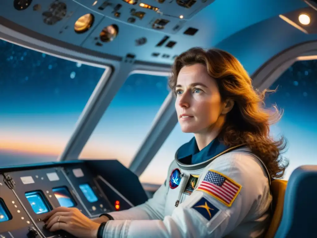 Christa McAuliffe enseñando desde el espacio en la nave Challenger, rodeada de estrellas y la Tierra curvándose afuera