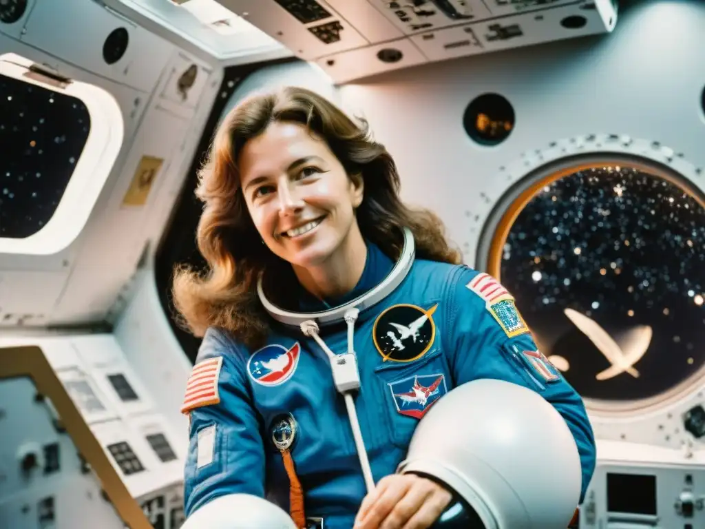 Christa McAuliffe flota en el transbordador Challenger, rodeada de estrellas y la Tierra al fondo, personificando el espíritu de exploración