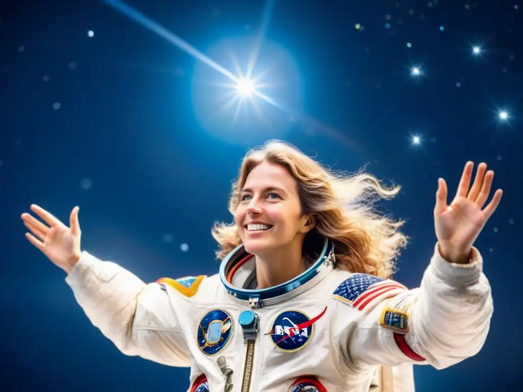 Christa McAuliffe, la maestra convertida en astronauta, flotando entre estrellas con determinación y asombro en el espacio