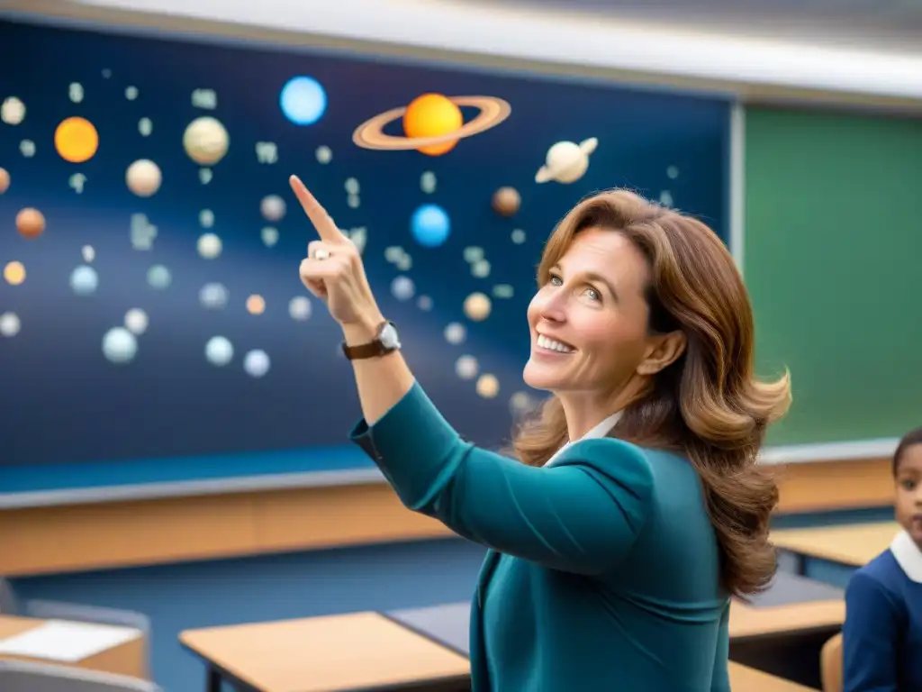 Christa McAuliffe, maestra enseñar estrellas, inspira a sus alumnos con pasión y dedicación en un aula llena de posters sobre exploración espacial