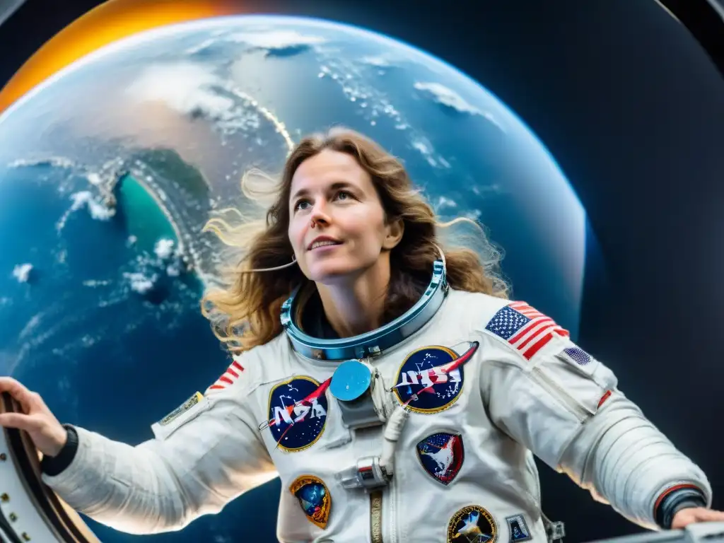 Christa McAuliffe, maestra de las estrellas, flota con gracia en el Challenger, mirando al espacio en asombro y determinación