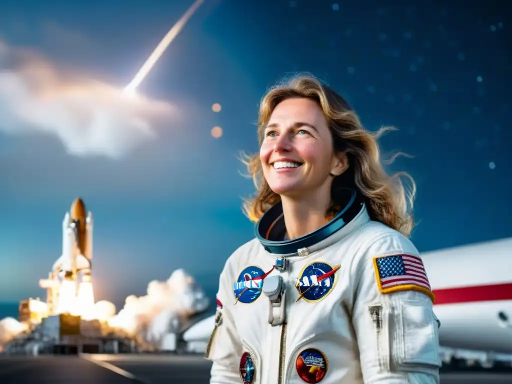 Christa McAuliffe sonríe en su traje de astronauta, mirando las estrellas, lista para enseñar entre ellas