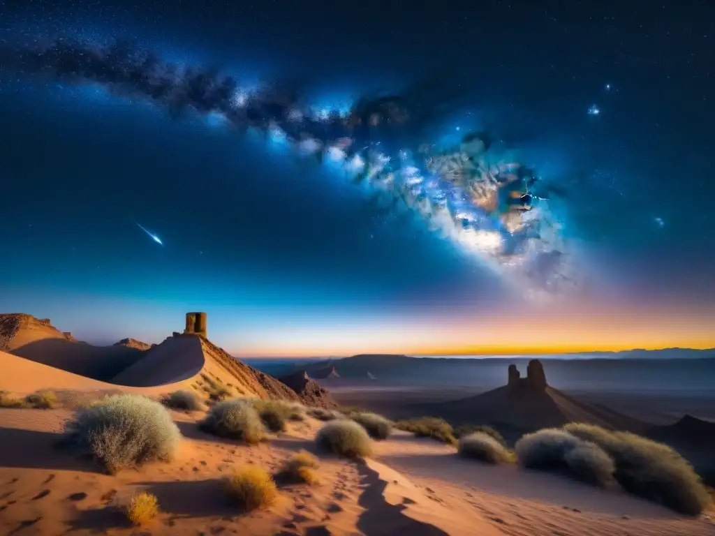 Un cielo estrellado en el desierto con la Vía Láctea y un telescopio solitario