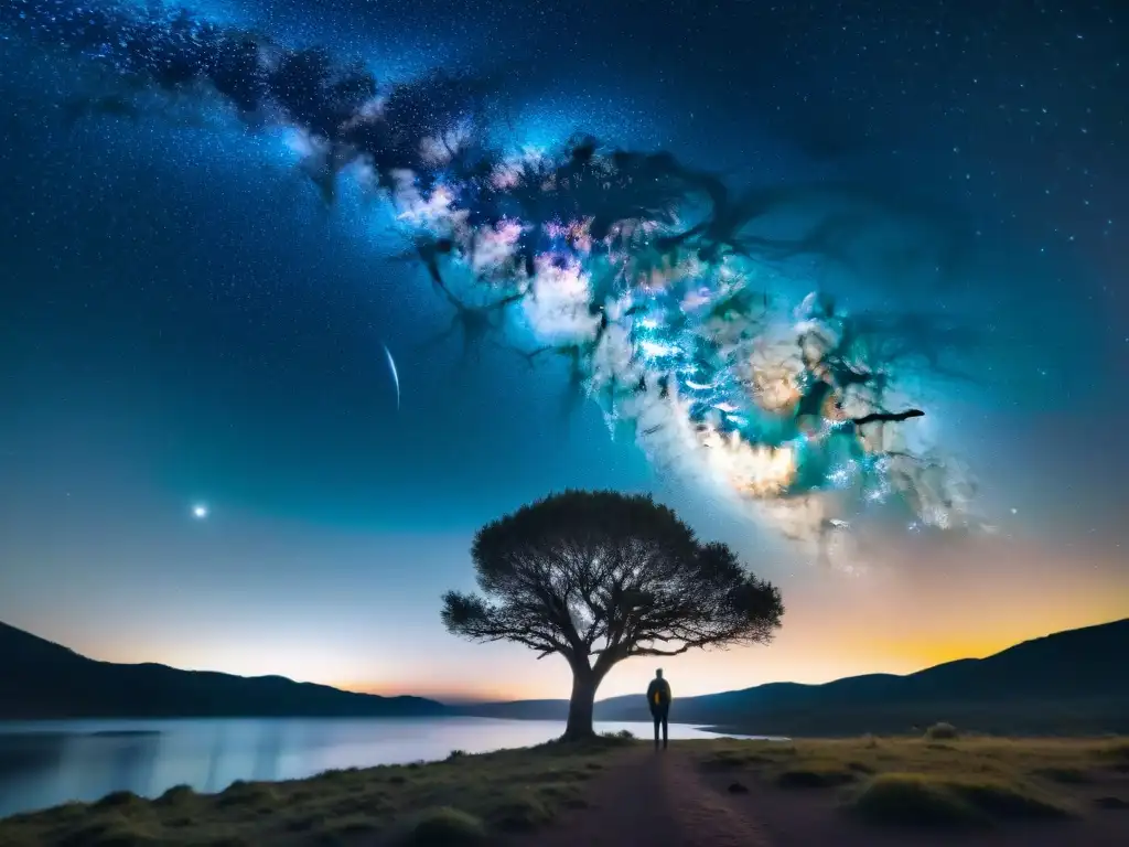 Fotografía del cielo nocturno con apps: La Vía Láctea y estrellas brillando sobre un árbol solitario