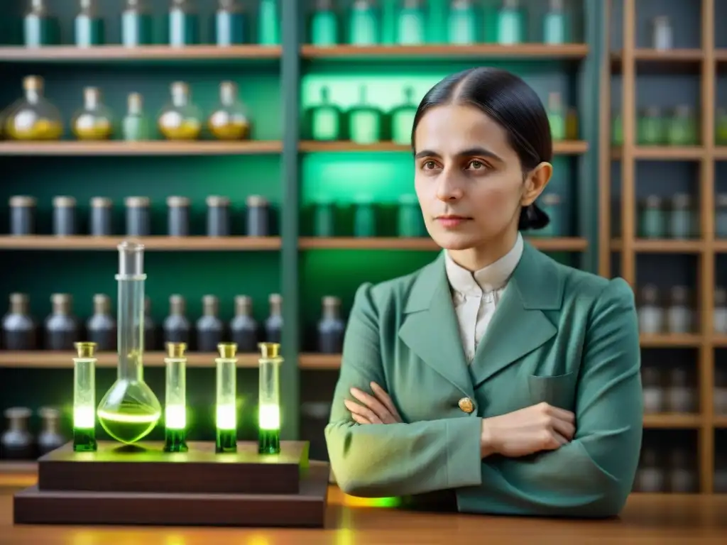 La científica Lise Meitner, pionera en fisión nuclear, investiga en su laboratorio con muestras de uranio brillantes