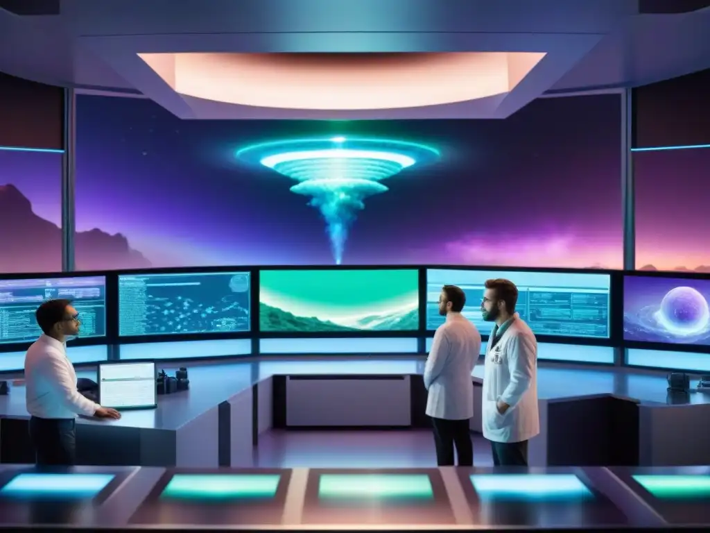 Científicos en un centro de control espacial futurista discuten descubrimientos sobre bioquímicas alternativas para la vida