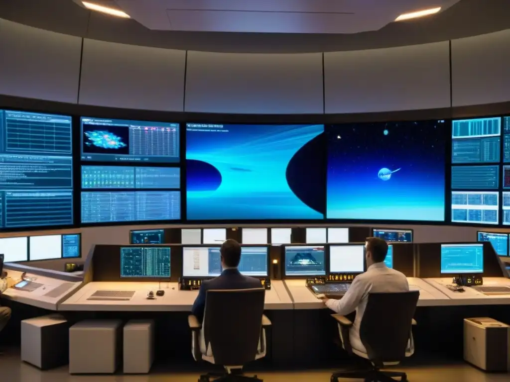 Científicos y ingenieros en sala de control de la NASA con tecnología de vanguardia