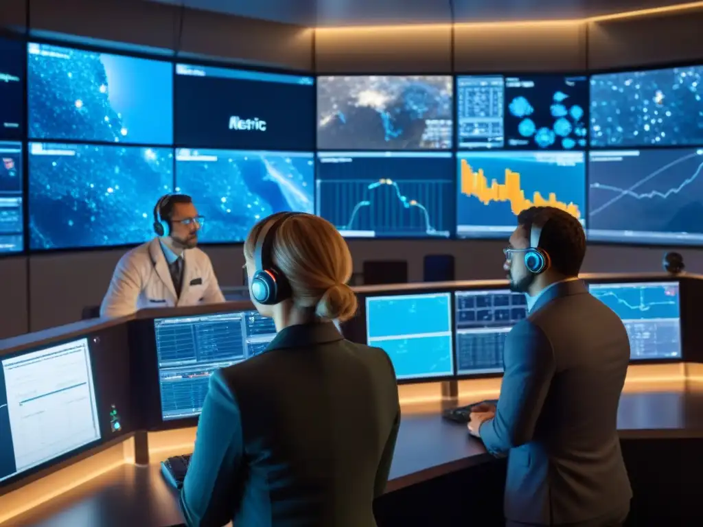 Equipo de científicos monitorean asteroides en control room Científicos monitorean trayectorias de asteroides en sala de control, mostrando la urgencia en la prevención futuras amenazas asteroides exploración