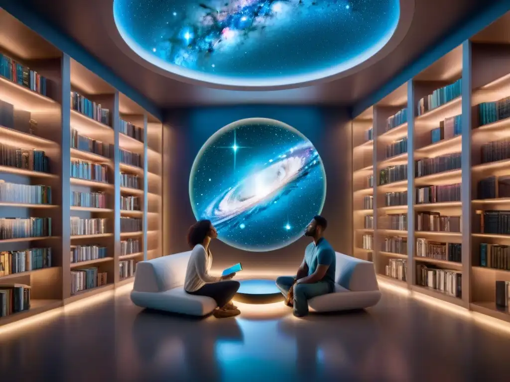 Un círculo de lectores con libros de ciencia ficción en una biblioteca futurista