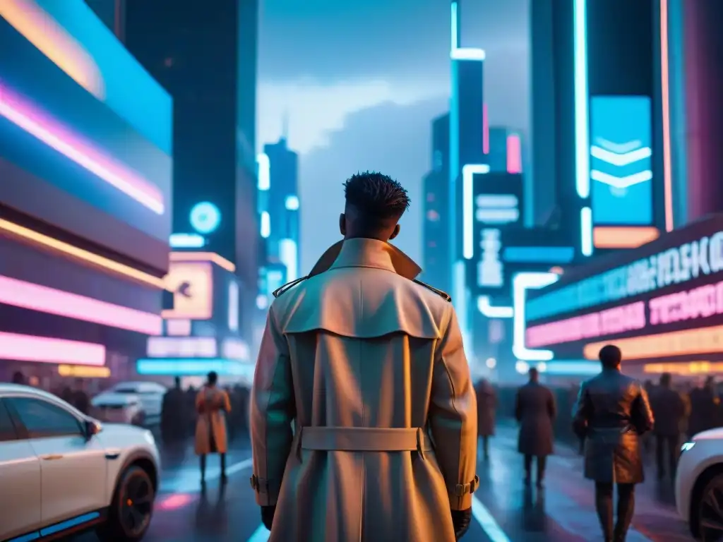 Una ciudad cyberpunk nocturna con tecnología avanzada, neon y bajos fondos