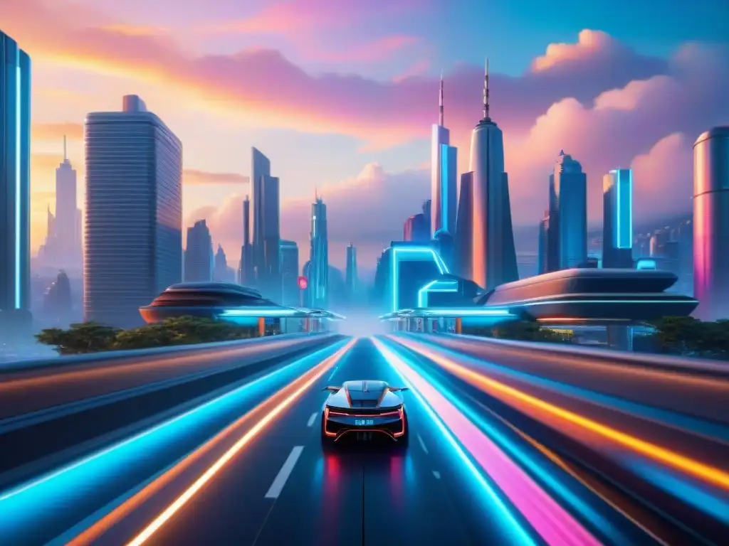 Una ciudad futurista retro en atardecer con rascacielos, autos voladores y personas, evocando una atmósfera de Retros Futurismo Nostalgia Futuro Nunca