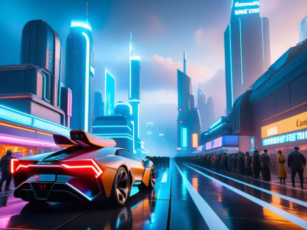 Una ciudad futurista bulliciosa iluminada por luces de neón, robots avanzados interactuando con humanos en actividades cotidianas