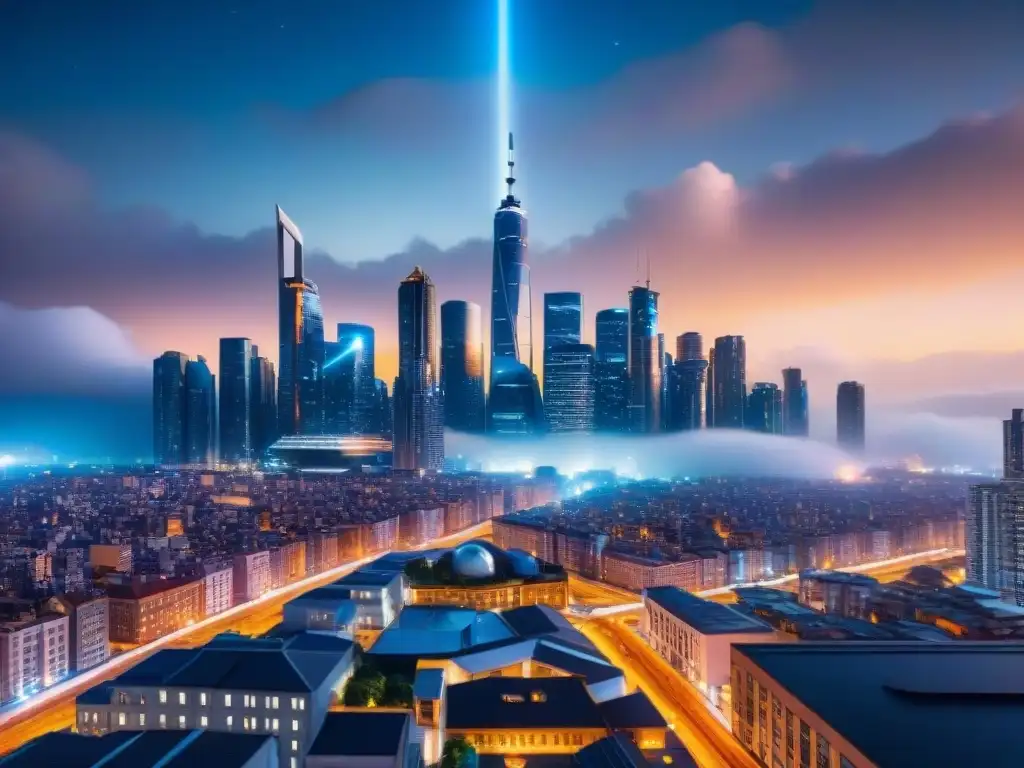 Metrópolis futurista: luces urbanas y naves espaciales Una ciudad futurista bulliciosa de noche con rascacielos y naves espaciales, ideal para exploradores urbanos cósmicos