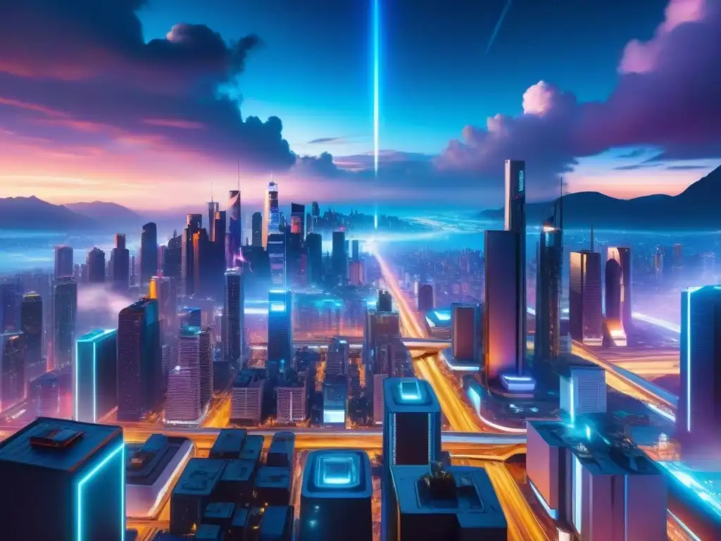 Una ciudad futurista cyberpunk iluminada por luces de neón y anuncios holográficos, reflejando la visión crítica del futuro tecnológico en la sociedad