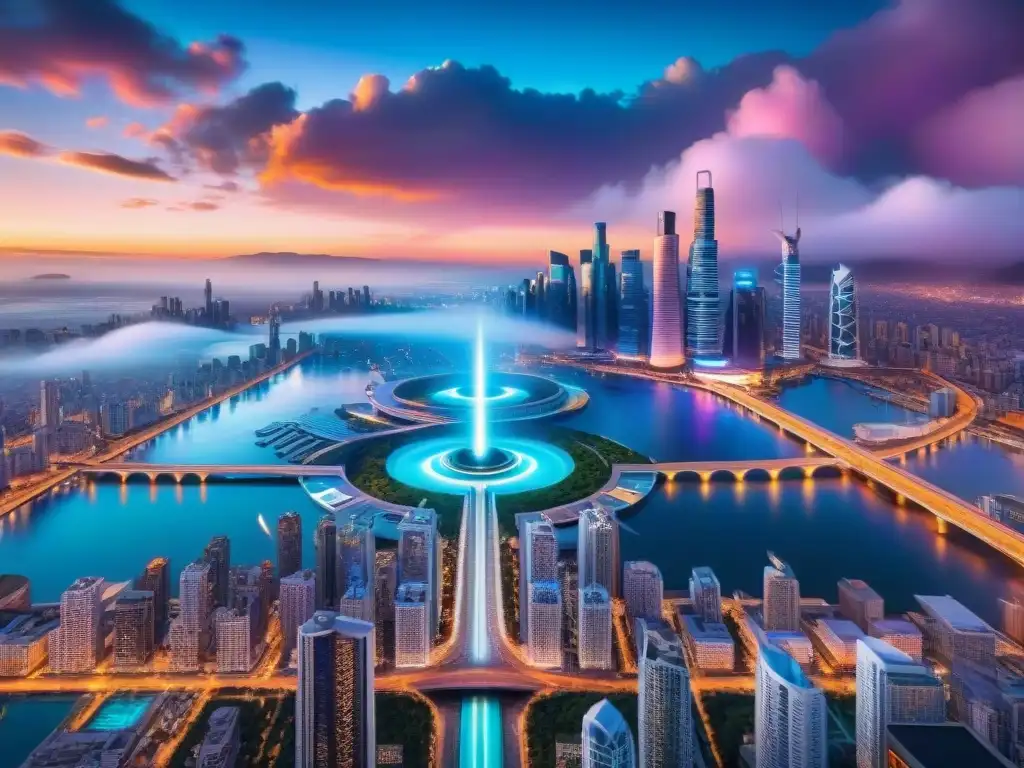 Una ciudad futurista deslumbrante con rascacielos reflectantes bajo luces de neón, un agujero de gusano gigante en el horizonte